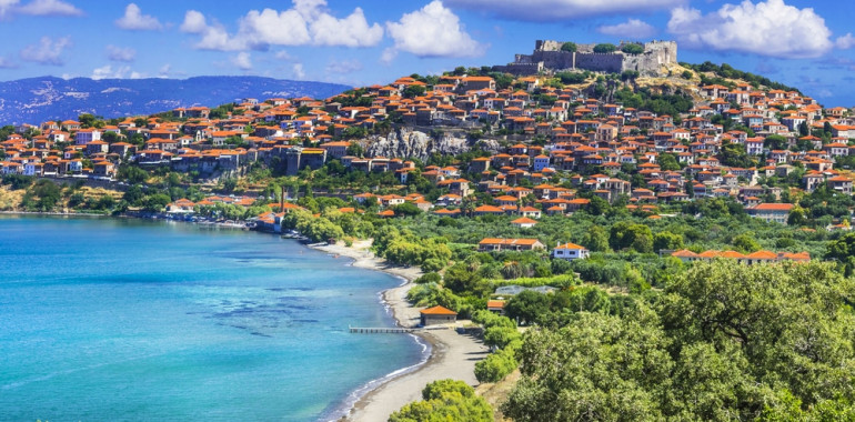 travel in Lesvos island - view of beautiful Molyvos (Molivos) to
